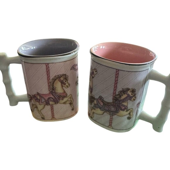 Takahashi Carousel Horse Mugs Bamboo Style Handle Set of 2 Pink Purple - Picture 1 of 10